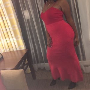 Fur red maxi mermaid dress